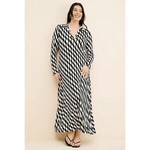 Rixo Dress Womens 2XL Black White Tillie Wave Print Long Sleeve Maxi V Neck